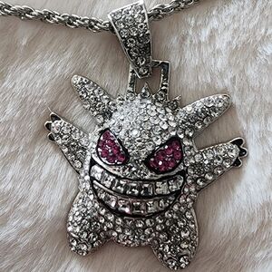 Gengar Pokemon Iced Out Chain Necklace Silver Tone Stainless Steel Aluminum Pend